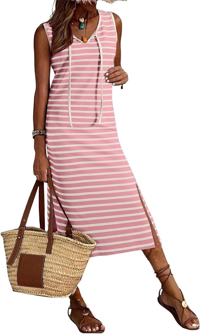 BLENCOT Womens 2025 Spring Summer V Neck Striped Dress Sleeveless String Side Slit Casual Maxi Beach Dress (Pink) BLENCOT Womens 2025 Spring Summer V Neck Striped Dress Sleeveless String Side Slit Casual Maxi Beach Dress (Pink)