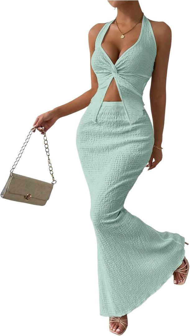 SOLY HUX Women's Two Piece Outfits Twist Front Halter Cami Tops and Skirt Summer Set (Large, Solid Mint Green)