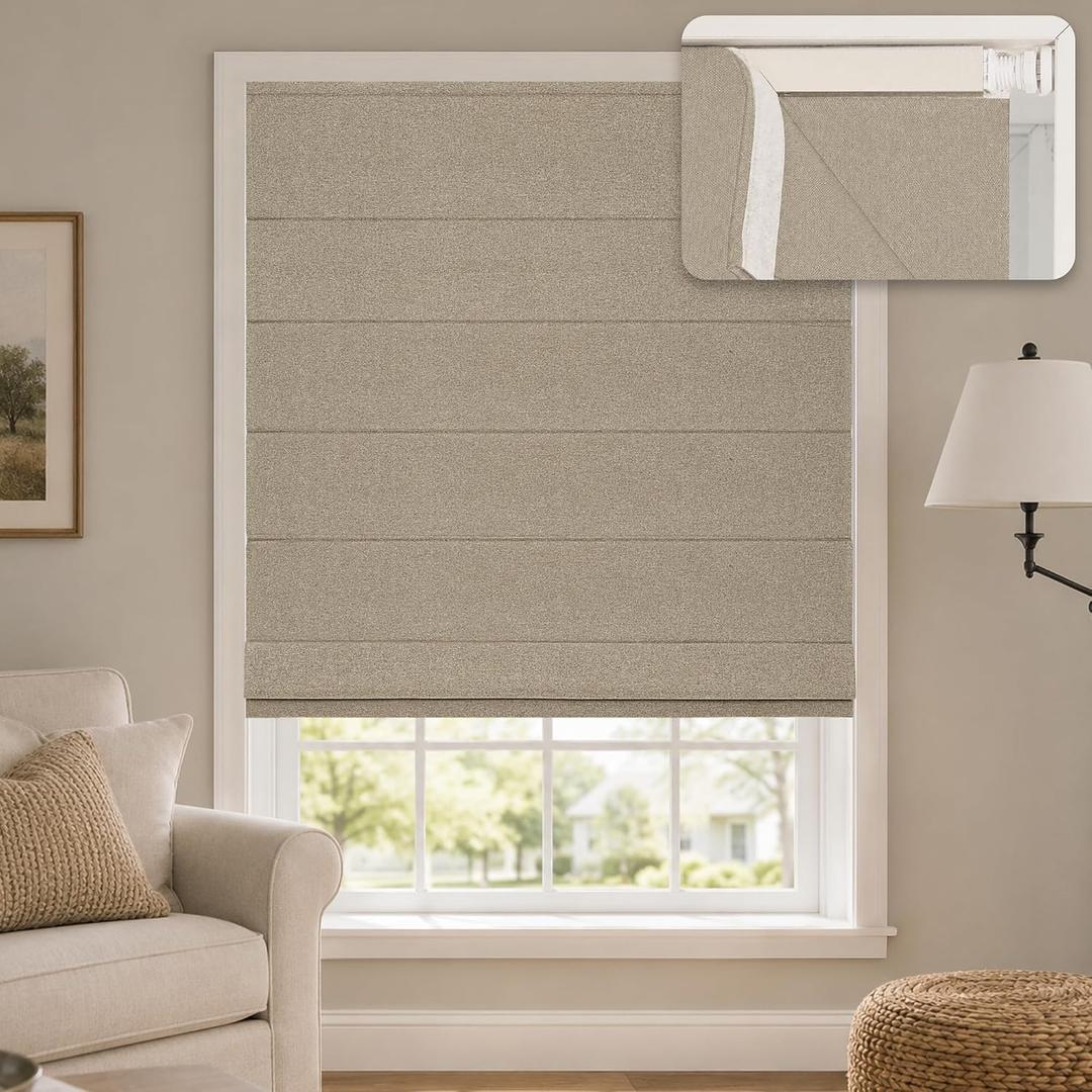 Hestia No Drill Cordless Roman Shades for Windows, Brown, 24" W x 64" H