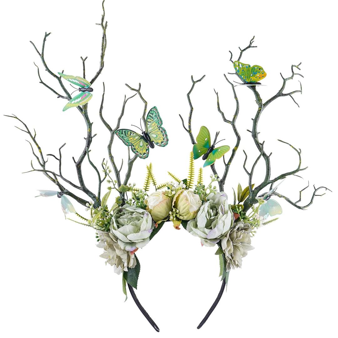 MOSTORY Green Flower Branch Headband - Handmade Tree Hairband with Butterfly Woodland Headband Floral Forest Crown for Women Renassance Renfaire Woodland Costume Cosplay Photoshoot