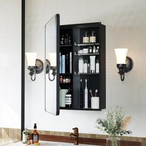 Recessed Medicine Cabinets for Bathroom with Mirror: 16x24 Wall Mount Mirrored Vanity Chest - 16 x 24 inch Small Storage Cabinet with Adjustable Shelves - Matte Black Frame (16" x 24", Black)