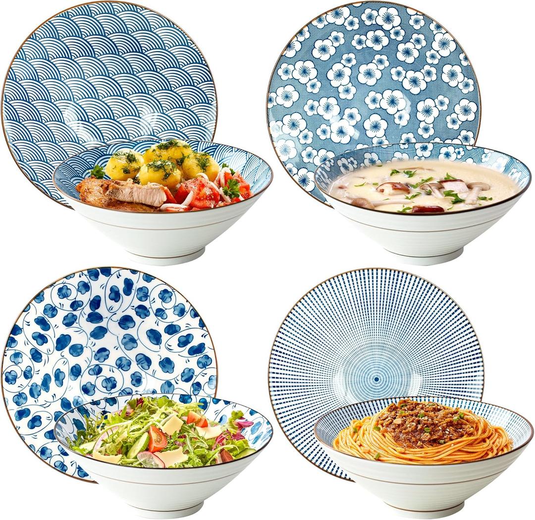 Ramen Bowls Set of 4, 8 Inch 38oz Porcelain Noodle Bowls for Pho, Ramen & Soup, Large Ceramic Ramen Bowl Set Microwave & Dishwasher Safe, Japanese Blue and White Style (Pattern-2)