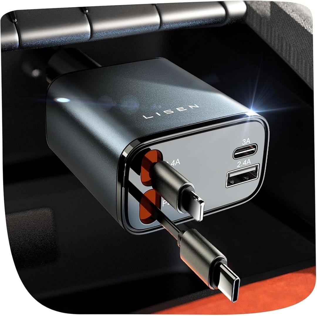 LISEN Retractable Car Charger, 69W USB C Car Accessories Adapter for iPhone 16 USB C Charger Fast Charging, Fathers Day for Gifts, Travel Essentials Gifts for Women Men, for iPhone 16 15 14 13 12 (Grey)