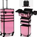 Particle Rolling Makeup Train Case Professional Cosmetic Trolley Large Storage Organizer with Key Swivel Wheels Salon Barber Case -Extra Portable Cosmetic Bag, Pink