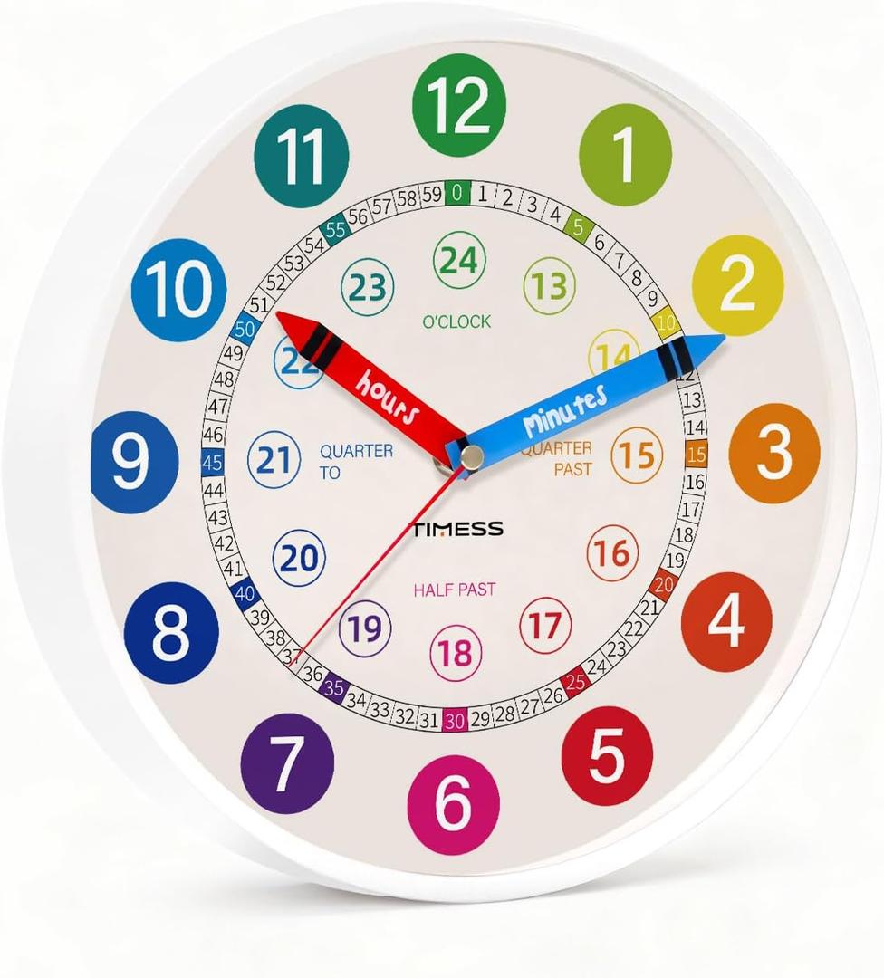 Silent 10" Wall Clock, Battery-Operated Learning to Tell Time Analog Clock , Colorful Time Teaching Home school Supplies, Non-Ticking Quartz Movement for Classroom Bedroom (Battery Not Included) (White)