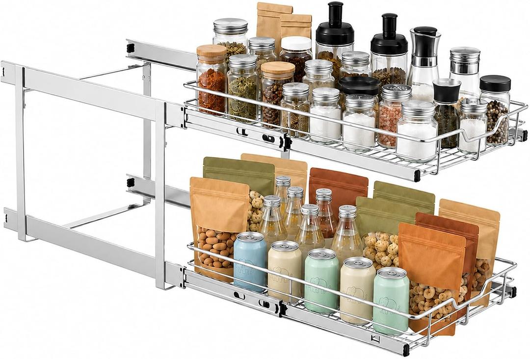 2 Tier Individual Pull Out Cabinet Organizer 15" W x 22" D, Heavy Duty Pull Out Drawers for Kitchen Cabinets, Slide Out Shelves for Base Cabinet Organization in Kitchen Bathroom Pantry