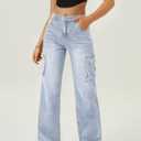 Women High Waisted Cargo Jean for Women with 6 Pockets Straight Wide Leg Jean Casual Baggy Pants (Blue, M)