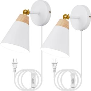 Wall Sconce Set of 2, Wall Sconce with Metal Shade, Plug Switch, Indoor Decor Wall Mount Swing Arm Lamp for Bedroom,Hallway,Living Room,Reading, White