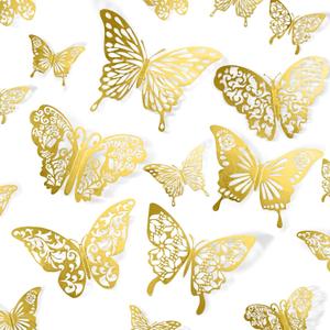 3 x Butterfly Decorations, 72 Pcs 6 Styles 3 Sizes Butterfly Wall Decor, Butterfly Party Decorations, Butterfly Wall Stickers 3D Wall Art for Room Decor Birthday Baby Shower (Gold)