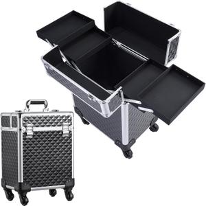 Rolling Makeup Train Case Large Cosmetic Trolley Organized Aluminum Barber Case for Hairstylist Makeup Nail Tech Salon with Keys Swivel Wheels Traveling Cart Trunk - Black