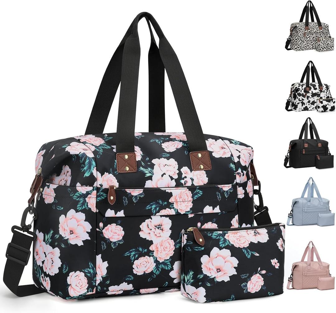 Pritent Travel Duffle Bag, Waterproof Weekender Overnight Hospital Bags for Women Men with Toiletry Bag Lightweight Personal Item Duffle Gym Bag for Travel, Airplanes, Sports(Black Flower, Medium)