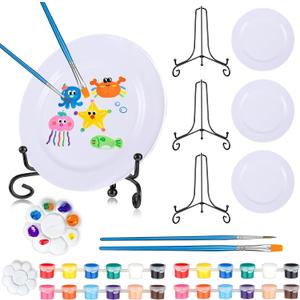 SPEDANSS 4 Set Acrylic Paint Kits,Kids Painting Set with 4 Painting Plastic Canvas Panels 4 Metal Mini Easel 12 * 2 Colors 4 Brushes 2 Palettes Mini Paint Set for Kids Adults Artists and Beginners