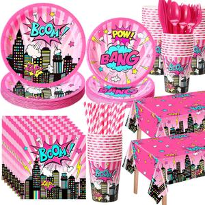 219 Pcs Pink Hero Birthday Party Decorations Girl Pink Comic Hero Plates Napkins Cups Tablecloth Cutlery Straw Disposable Tableware Set for Birthday Baby Shower Party Supplies, Serves 24