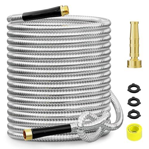 SPECILITE 100 ft 304 Stainless Steel Garden Hose Metal Heavy Duty Water Hose, Flexible Water Hose Pipe with 3/4" Solid Brass Connectors, No-Expandable Garden Hoses with Rubber Grip for Yard, Outdoor