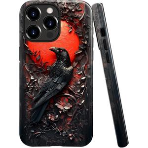 DAIZAG Case Compatible with iPhone 16 Pro,Glossy Durable Shock Protection Cover for Girl Women,Crow Bird Moon Gothic Dark Wooden