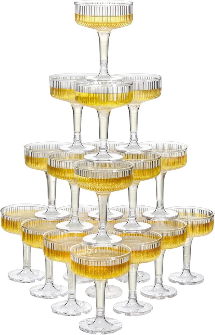 Houmury 20 Pcs 7oz Plastic Champagne Glasses Unbreakable Plastic Martini Glasses Flutes Reusable Clear Acrylic Coupe Drinkware For Wedding Birthday Party (20, Clear)