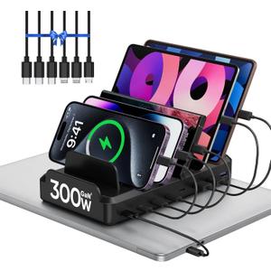 300W Charging Station for Multiple Devices, 8 Port Multi USB C Fast Charger Station Dock for MacBook iPhone 16/15/14/13/12 Samsung Pixel Series iPad, Black (6 Mixed Short Cables Included)