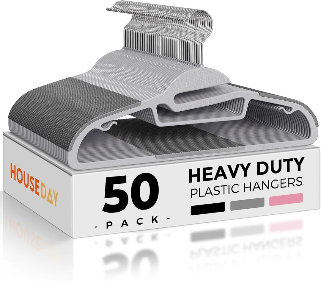 HOUSE DAY Grey Plastic Hangers 50 Pack, Slim Space Saving, Non Slip Hangers with Rubber Pads, Sturdy Heavy Duty Coat Hanger for Closet, S-Shaped Clothes Hanger for Shirt, Suit, Pant, Skirt (Light Grey + Dark Grey)
