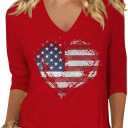 Womens 3/4 Sleeve V Neck Valentine T Shirts Love Heart Printed Graphic Tee Tops (X-Large, Flag Red)