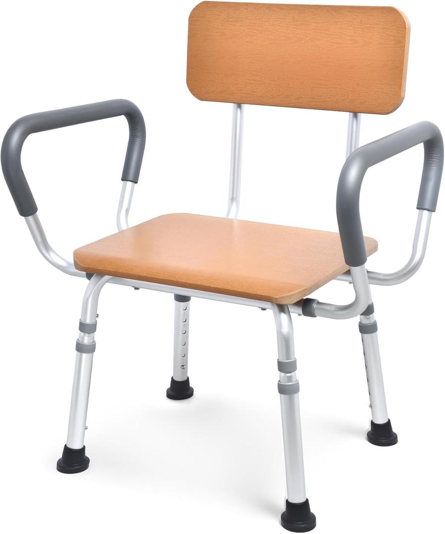 Sangohe Shower Chair for Inside Shower with Arms and Back, Height Adjustable Shower Chair for Elderly and Disabled, Wood Seat Board and Back, 400 lbs Heavy Duty Shower Seat for Seniors