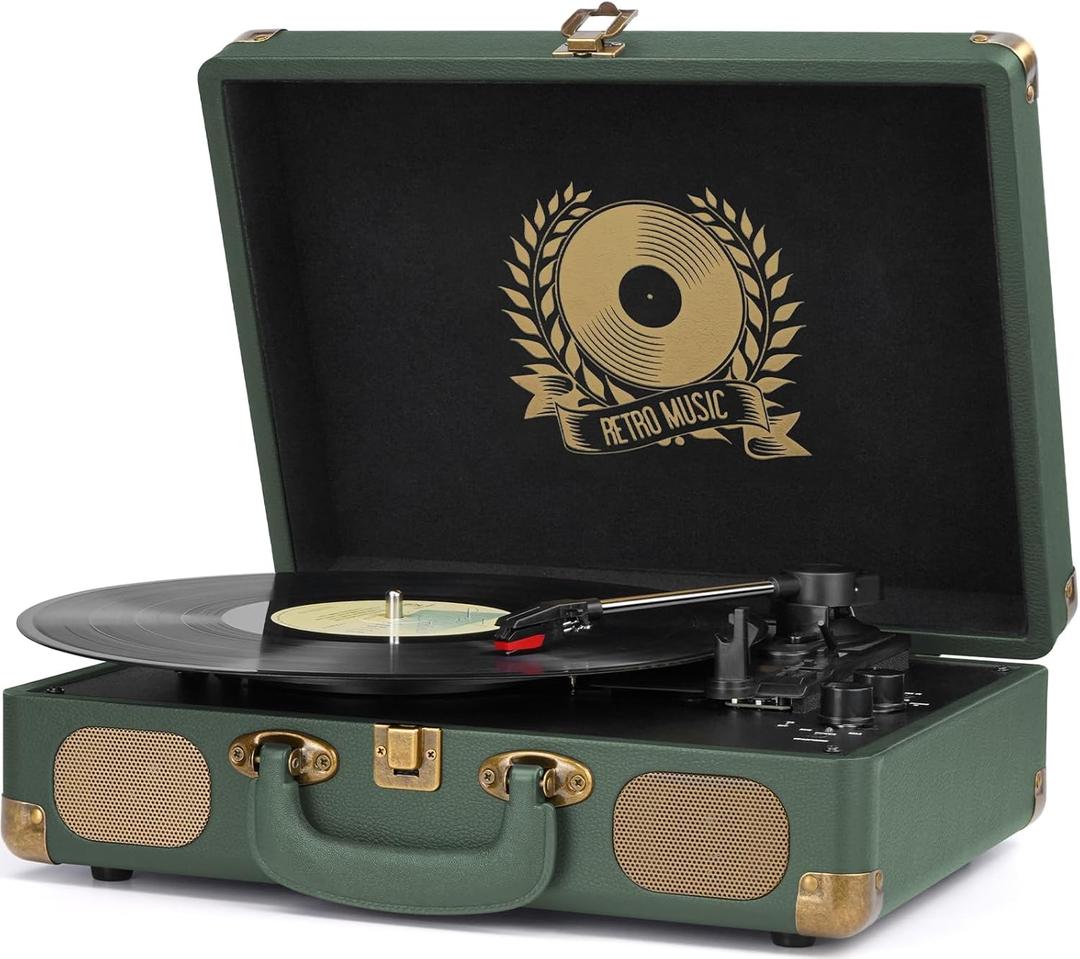 Vinyl Record Player Bluetooth Turntable 3-Speed Suitcase Portable Vintage Belt-Driven Record Player with Built-in Speakers RCA Line Out AUX in Headphone Jack Military Green