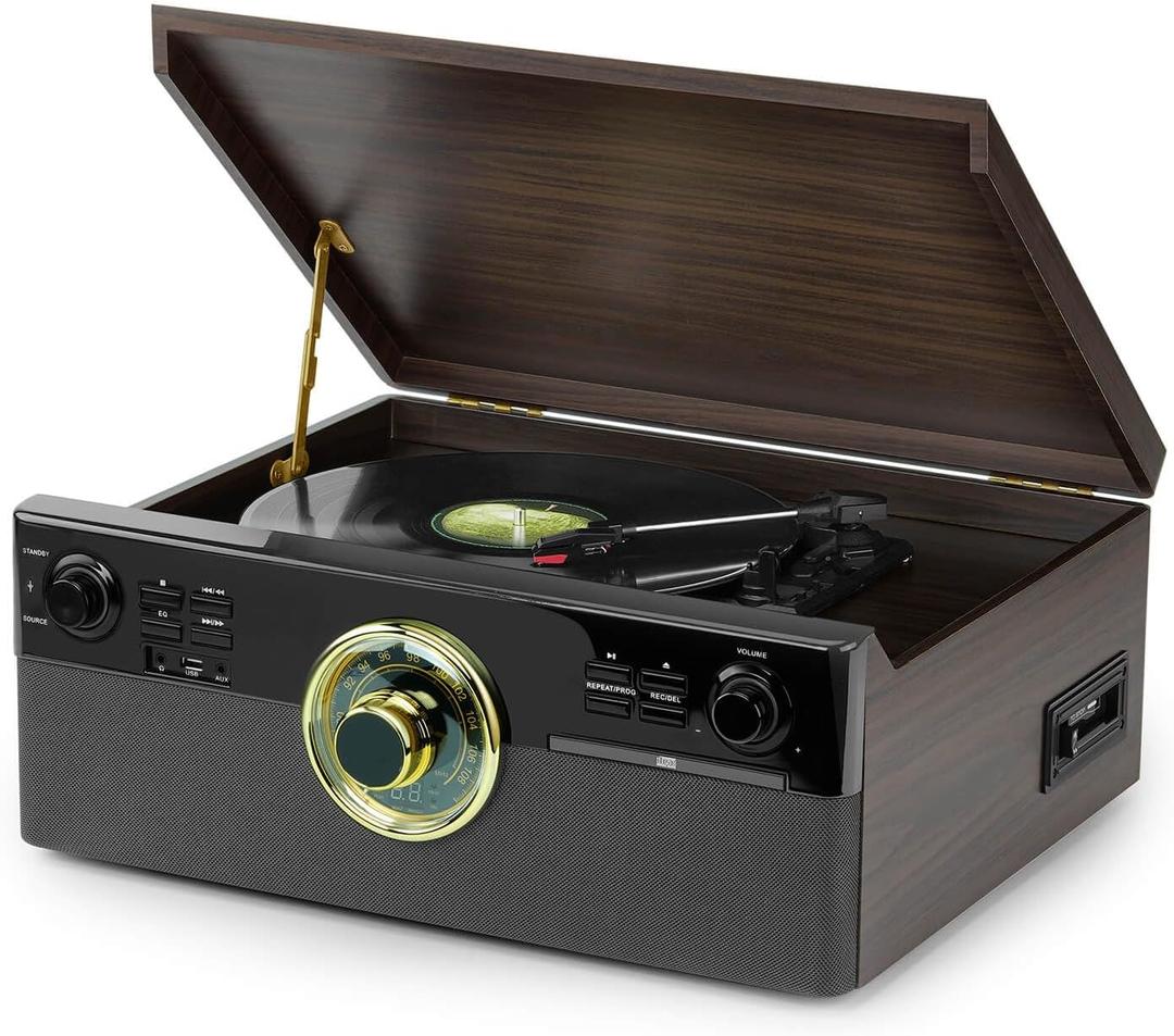 10-in-1 Vintage Bluetooth Record Player with Speakers, All-in-One Turntable for Vinyl, CD, Cassette & USB Recording, Perfect for Home Audio Gifts (Black Walnut)