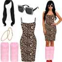 Ramede 5 Pcs Halloween Reality TV Personality Costume Accessories Leopard Dress Earrings Wig Leg Warmer Sunglasses Women (Small)