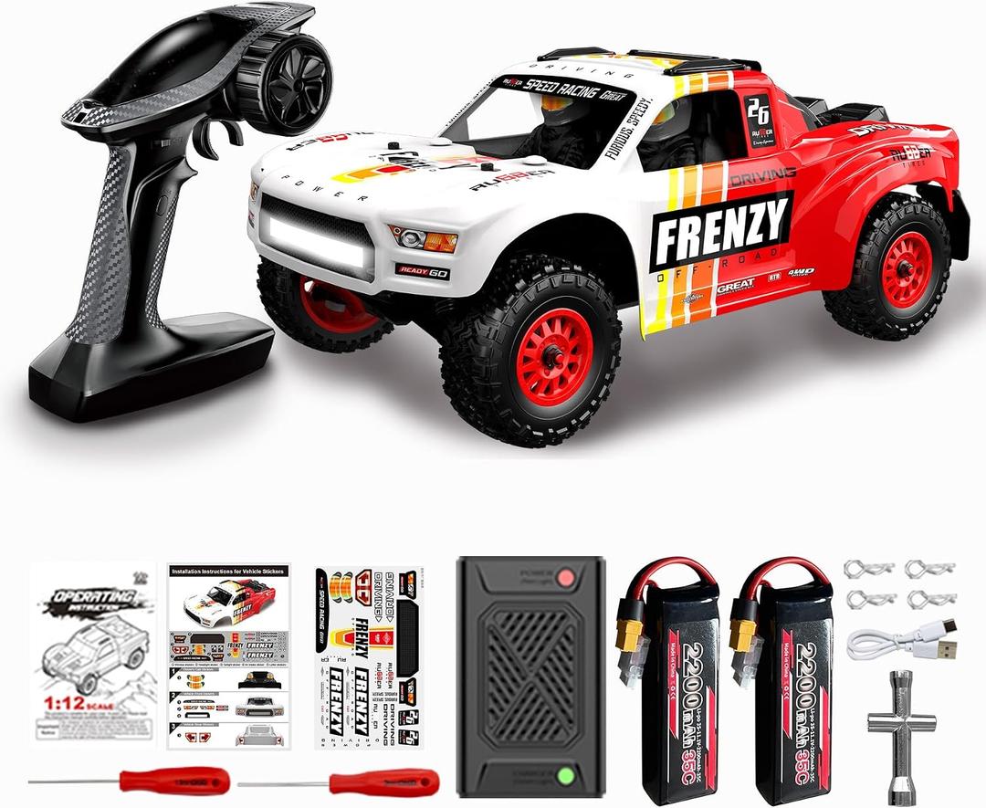 1:12 4WD Brushless RC Truck for Adults, 4x4 Offroad Waterproof Monster Trucks, Electric Powered High Speed Remote Control Cars, Fast Extreme All Terrain RC Truggy with Double 3S Battery