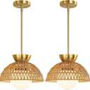 2 Pack Rattan Pendant Light, 11.8" Hand Woven Boho Pendant Light Fixture with Milk Glass Globe, Gold Kitchen Island light Fixtures Adjustable Chandelier for Dining Room Hallway Foyer Restaurant