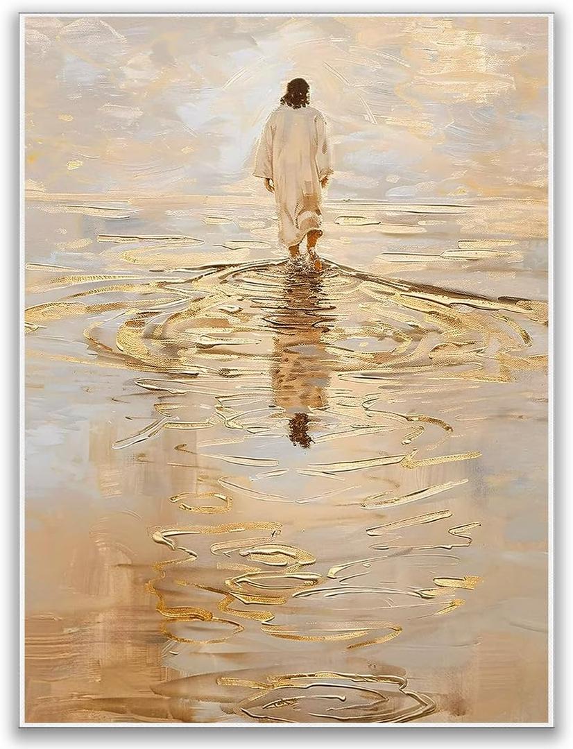 Jesus Walking On Water Canvas Wall Art I Will Walk With Christ Wall Decor Picture Christian God Religious Poster Print for Living room Bedroom Church Decoration, 16x24in