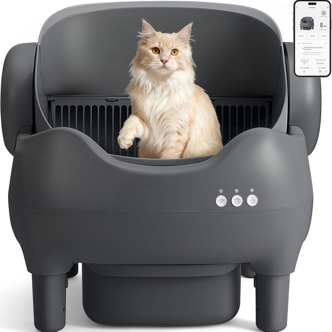 Self Cleaning Litter Box, Automatic Cat Litter Box with APP Control, Odor-Free Waste Disposal Includes Trash Bags, Large Waste Bin, Open-Top, for Multiple Cats (Black&Grey)
