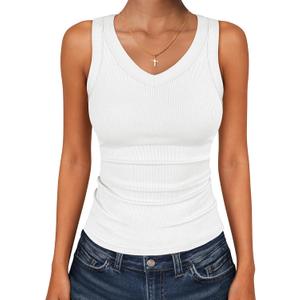 ANRABESS Tank Tops for Women V Neck Ribbed Knit Slim Fitted Sleeveless Basic Tee Tanks Casual Summer Clothes 2026 (Small, White)