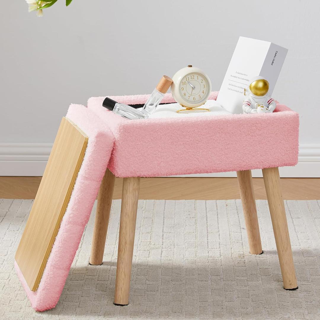 BRIAN & DANY Vanity Stool, Sherpa Vanity Stool Chair with Storage, Rectangle Makeup Chair Soft Padded Seat with Legs for Bedroom (Pink)