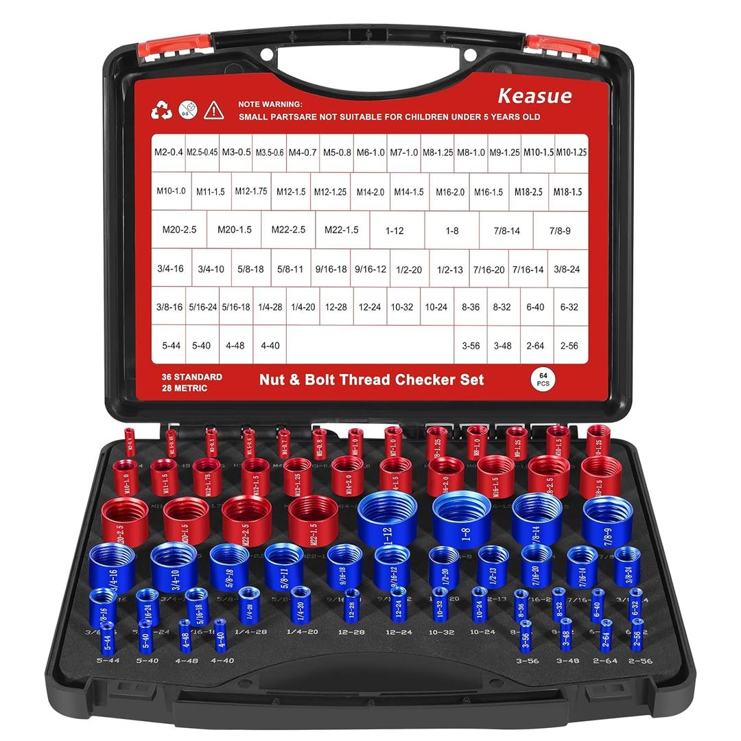 64Pcs Thread Checker, Nut and Bolt Thread Checker, 36 Inch & 28 Metric Box Set Thread Gauge, Thread Checker Standard and Metric Suitable for Size Checker of Bolts or Nuts in Narrow Areas