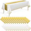 24 Pack White and Gold Tablecloth and Table Runner Set Party Decorations, White and Yellow Gold Plastic Disposable Tablecloth and Satin Table Runner for Wedding Birthday Graduation Anniversary Party