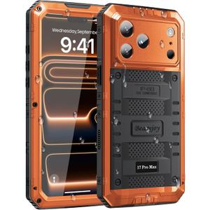 Beasyjoy for iPhone 17 Pro Max Case Waterproof, Heavy Duty Metal Case with Built-in Screen Protector, Full Body Rugged Military Grade Shockproof Dustproof Cover for Construction Outdoor 6.9", Orange