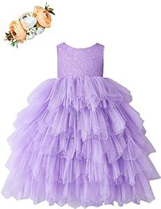 Cilucu Flower Girls Dress Kids Long Tiered Tulle Dresses Little Girls Birthday Party Ball Gown Baby Girls Princess Banquet Pageant Outfits Children Summer Boho Dress Purple Size 12-24 Months