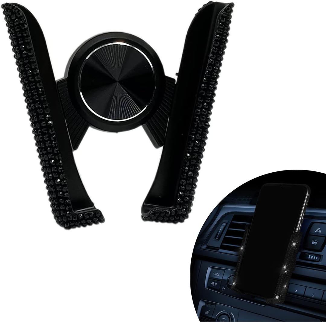 1 PC Bling Car Mobile Phone Holder, Personalized Rhinestone Design Elastic Adjustable Fully Automatic Opening Closing Air Conditioning Outlet Navigation Holder, for Most Car Models (Black)