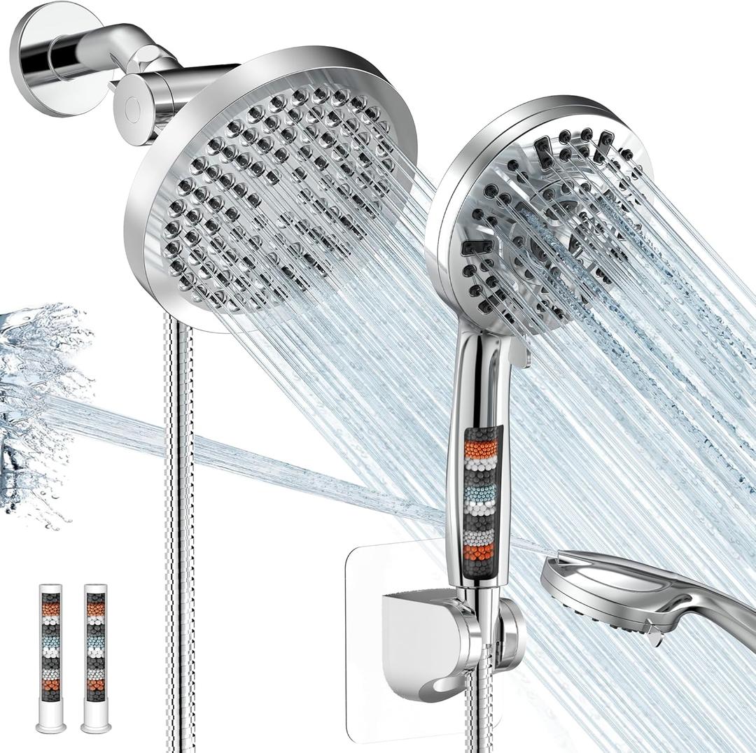 Shower Head with Handheld Spray Combo,High Pressure Dual Double Rain Shower Head with Handheld 10-Mode 78" Hose Chrome