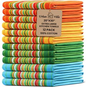 Urban Villa Kitchen Towels 100% Cotton Dish Towels for Kitchen(Set of 12)20x30 Dish Cloths Highly Absorbent Kitchen Linen Set with Hanging Loop Perfect for Drying Dishes Cleaning Towels -Multi Color