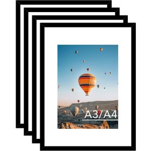 JCJMY 11.7x16.5 A3 Picture Frame Set of 4 Black with A4 Mat, Display Photo 8.3x11.7 with Mat or 11.7 x 16.5 Without Mat, Wall Hanging Large Frame with Plexiglass, 4 Pack, Black