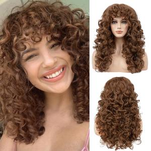 Curly Wig with Bangs for Women FLUFYMOOZ Natural Light Brown Long Curly Wig 21Inch Curls with Wispy Bangs Heat Resist Soft Synthetic Wig for Women Daily Use Party Halloween Cosplay
