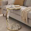 Luxury C Shaped Golden Effect Side Table with Wheels, Premium Faux Marble Round End Table with Gold Trim Edge, Elegant Slide Under Couch, Sofa for Living Room Small Spaces (White Marble)