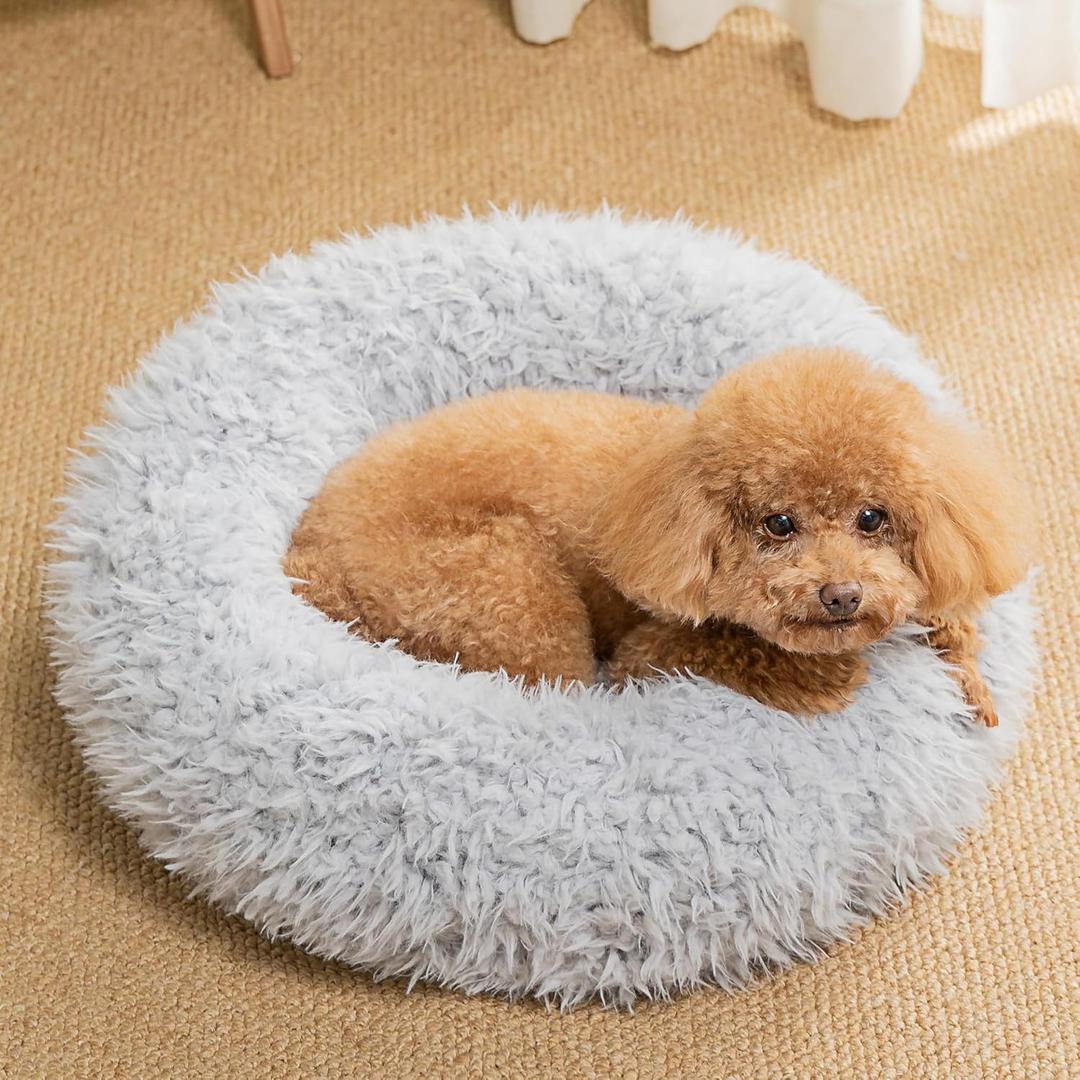 KHONSU PET Calming Donut Cat Bed for Cats & Kittens, Round Plush Cuddler with Chopped Memory Foam, Anti-Anxiety Bolster Support, Machine Washable & Non-Slip (XS, Grey)