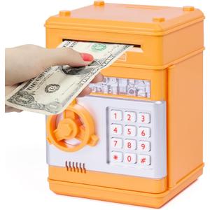 Refasy Piggy Bank Cash Coin Can ATM Bank Electronic Coin Money Bank for Kids Age 3-12, Money Savings Box Mini ATM Coin Bank Toys Gifts for 3 4 5 6 7 8 9 10 11 12 Year Old Boys Girls (Orange)