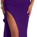 LAGSHIAN Women's Elegant Bodycon Off Shoulder Sleeveless High Split Ruched Long Formal Evening Dress (Purple, S)