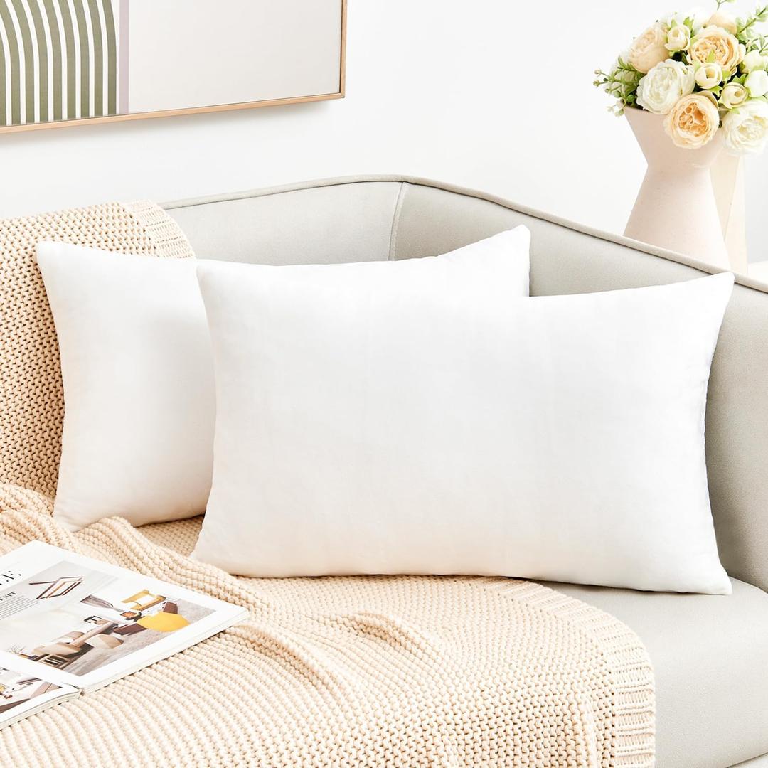 Throw Pillow Covers White Decorative Velvet Set of 2 12x20 Inch Pillow Covers, Soft Lumbar Pillow Covers for Couch Sofa Bed Living Room, Farmhouse Neutral Home Boho Decor, Accent Cushion Cases