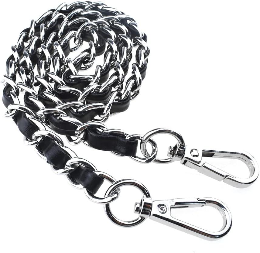 HAHIYO Metal Plus Synthetic Leather Purse Chain Strap Length 31.5 Inch Silver Black for Shoulder Cross Body Sling Purse Handbag Clutch Replacement Comfortable 0.47 Inch Wide 5mm Extra Thick 1 Pack