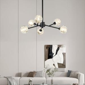 Sputnik Chandeliers for Dining Room Light Fixture Over Table, Modern Crystal Chandeliers, 6 Lights Black Lighting Fixtures for Living Room Bedroom Kitchen Island