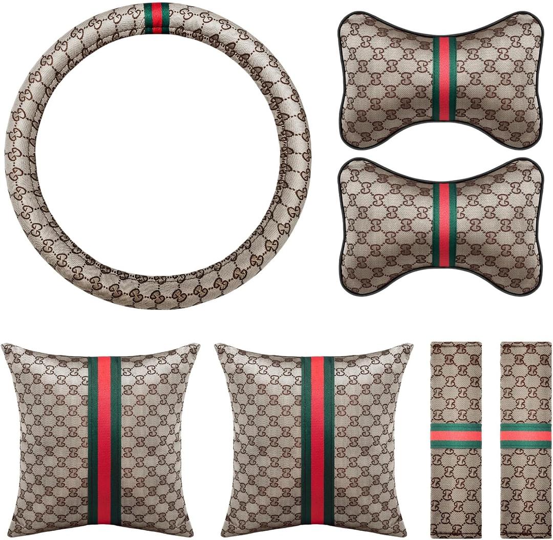 Steering Wheel Cover 7-Piece Car Comfort Kit - Premium(14-15.5 Inch) with 2 Headrest Pillows, 2 Lumbar Cushions, 2 Seat Belt Covers - No-Slip Grip & Easy Snap-On Installation, Beige